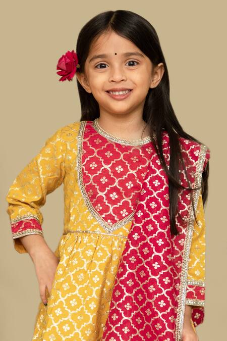 Mamma Plz Yellow Handloom Cotton, Voile, Chanderi Floral Handwoven Anarkali Set Online at Aza Fashions Mamma Plz_Yellow Handloom Cotton, Voile, Chanderi Floral Handwoven Anarkali Set _Online_at_Aza_Fashions