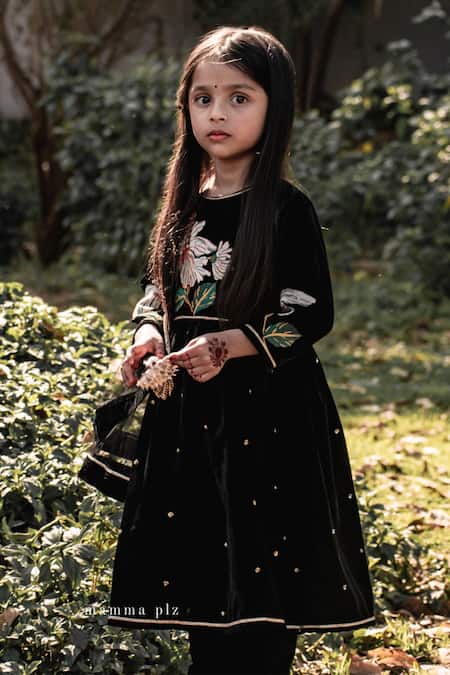 Shop Mamma Plz Black Velvet, Voile Embroidery Floral Hand Work Anarkali Set at Aza Fashions Shop_Mamma Plz_Black Velvet, Voile Embroidery Floral Hand Work Anarkali Set _at_Aza_Fashions