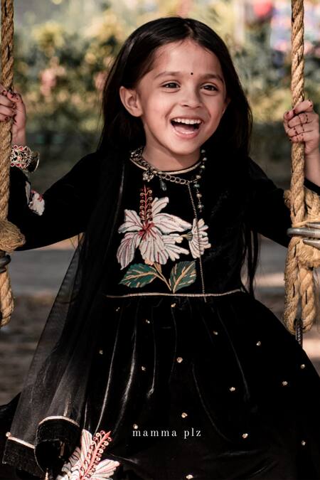 Mamma Plz Black Velvet, Voile Embroidery Floral Hand Work Anarkali Set Online at Aza Fashions Mamma Plz_Black Velvet, Voile Embroidery Floral Hand Work Anarkali Set _Online_at_Aza_Fashions