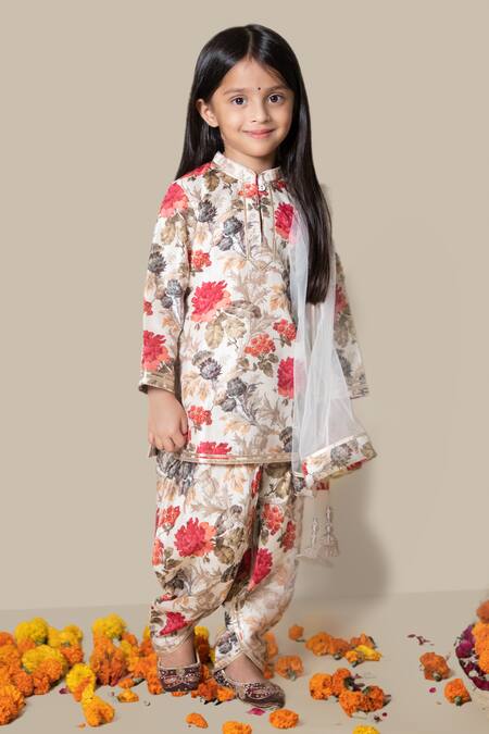 Shop Mamma Plz Ivory Handloom Cotton, Voile, Chanderi Floral Pattern Kurta Dhoti Pant Set at Aza Fashions Shop_Mamma Plz_Ivory Handloom Cotton, Voile, Chanderi Floral Pattern Kurta Dhoti Pant Set _at_Aza_Fashions