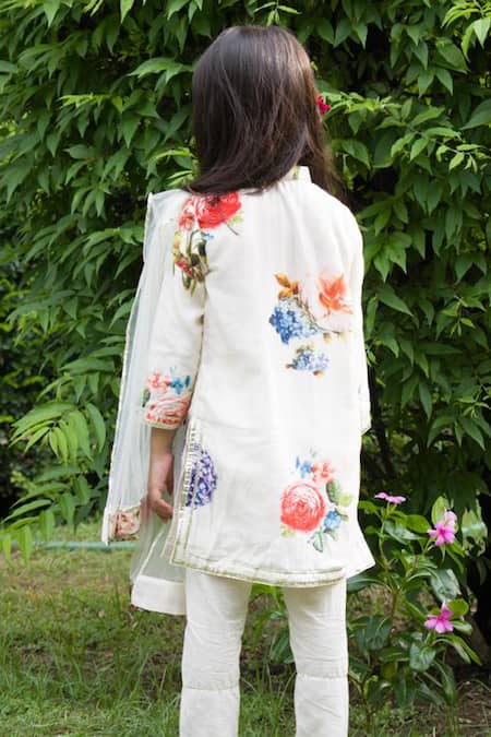 Shop Mamma Plz Ivory Chanderi, Cotton, Chiffon Embroidery Floral Print Kurta Pyjama Set at Aza Fashions Shop_Mamma Plz_Ivory Chanderi, Cotton, Chiffon Embroidery Floral Print Kurta Pyjama Set _at_Aza_Fashions