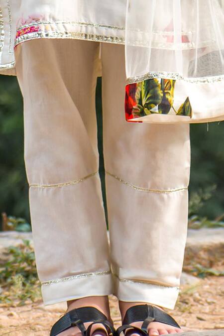 Mamma Plz Ivory Chanderi, Cotton, Chiffon Embroidery Floral Print Kurta Pyjama Set Online at Aza Fashions Mamma Plz_Ivory Chanderi, Cotton, Chiffon Embroidery Floral Print Kurta Pyjama Set _Online_at_Aza_Fashions