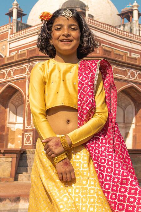 Mamma Plz Yellow Handloom Cotton, Voile, Chanderi Embroidery Floral Handwoven Lehenga Set Online at Aza Fashions Mamma Plz_Yellow Handloom Cotton, Voile, Chanderi Embroidery Floral Handwoven Lehenga Set _Online_at_Aza_Fashions