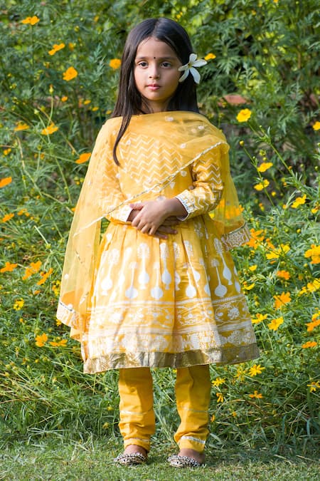 Shop Mamma Plz Yellow Handloom Cotton, Chanderi, Cotton, Voile Hand Block Print Anarkali Set at Aza Fashions Shop_Mamma Plz_Yellow Handloom Cotton, Chanderi, Cotton, Voile Hand Block Print Anarkali Set _at_Aza_Fashions