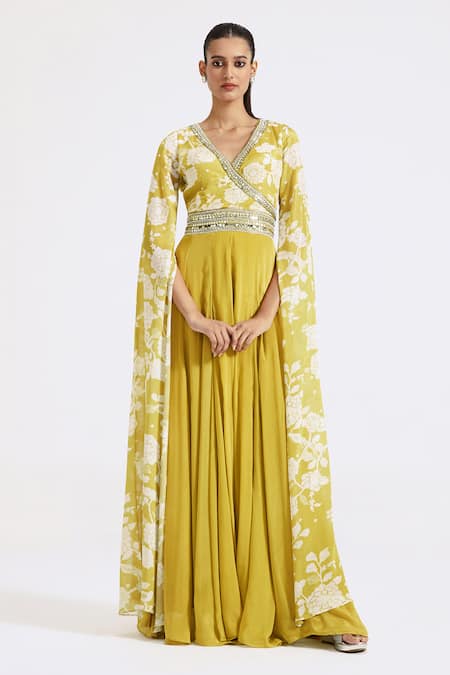 Basanti - Kapde Aur Koffee Green Chinon Printed Floral V Neck Cascading Draped Sleeve Jumpsuit 