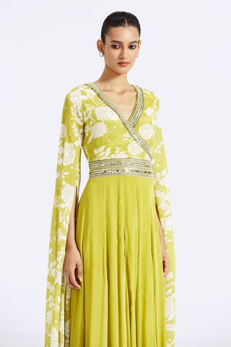 Basanti - Kapde Aur Koffee_Green Chiffon Sequins, Zari V-neck Floral Print Cascading Draped Sleeve Jumpsuit_Online_at_Aza_Fashions