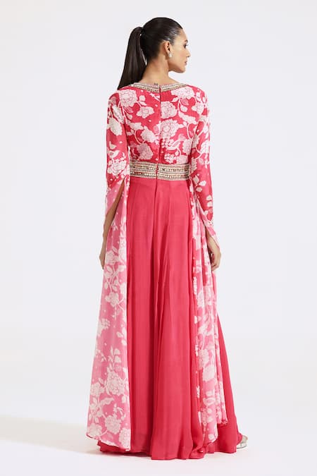 Basanti - Kapde Aur Koffee Flower Print Cascading Draped Sleeve Jumpsuit 