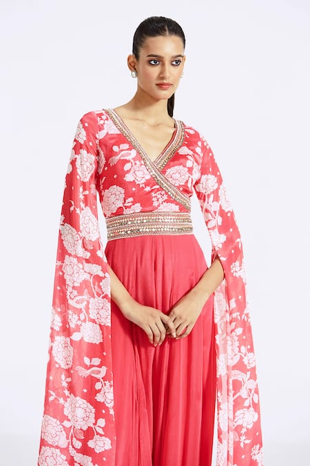 Basanti - Kapde Aur Koffee Pink Chiffon Sequins V-neck Flower Print Cascading Draped Sleeve Jumpsuit Online at Aza Fashions Basanti - Kapde Aur Koffee_Pink Chiffon Sequins V-neck Flower Print Cascading Draped Sleeve Jumpsuit_Online_at_Aza_Fashions