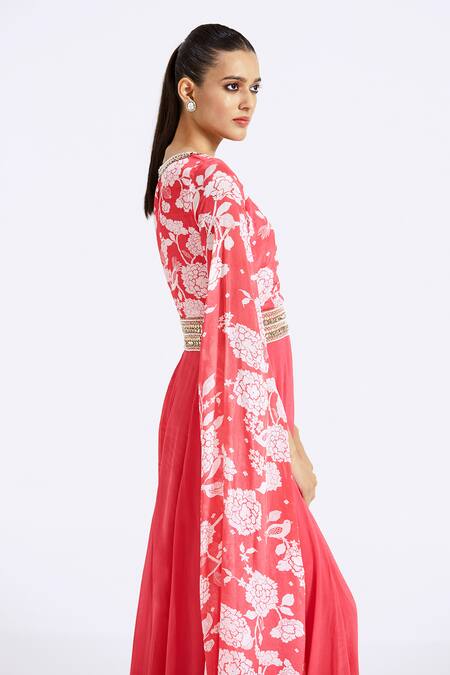 Buy Basanti - Kapde Aur Koffee Pink Chiffon Sequins V-neck Flower Print Cascading Draped Sleeve Jumpsuit Online at Aza Fashions Buy_Basanti - Kapde Aur Koffee_Pink Chiffon Sequins V-neck Flower Print Cascading Draped Sleeve Jumpsuit_Online_at_Aza_Fashions