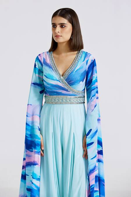 Buy_Basanti Kapde aur Koffee_Blue Chiffon Sequins V-neck Printed Cascading Draped Sleeve Jumpsuit_Online_at_Aza_Fashions