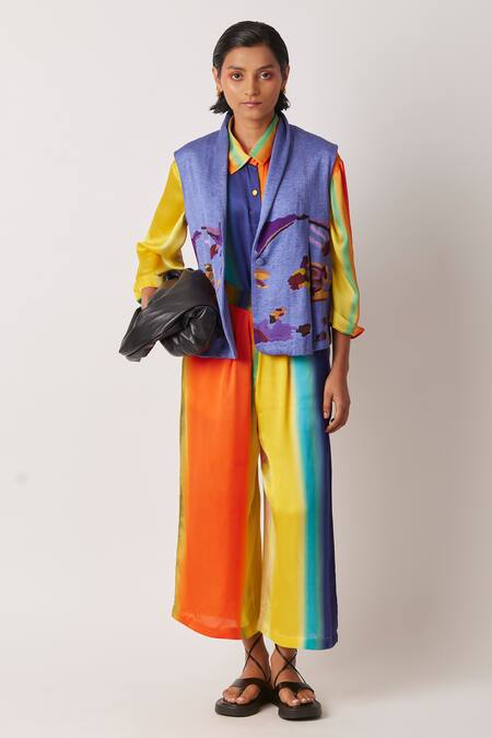 Yavi Blue Silk Embroidery Shawl Neck Arewo Thread Jacket Online at Aza Fashions Yavi_Blue Silk Embroidery Shawl Neck Arewo Thread Jacket _Online_at_Aza_Fashions