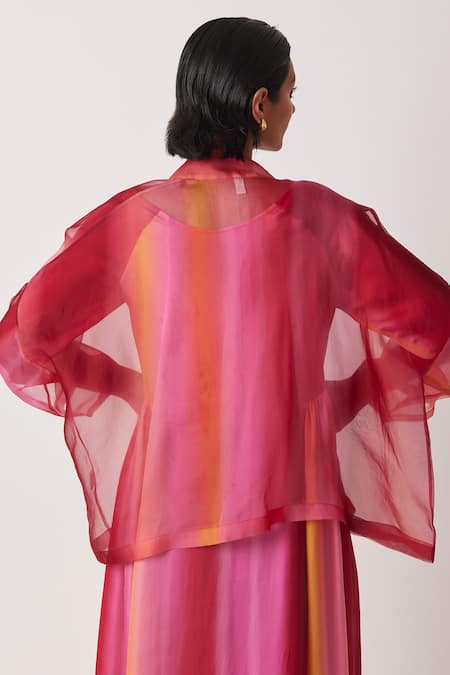 Shop Yavi Pink Organza Open Neck Cheril Printed Jacket at Aza Fashions Shop_Yavi_Pink Organza Open Neck Cheril Printed Jacket _at_Aza_Fashions