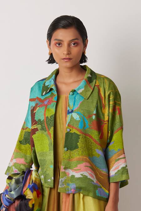 Yavi Green Silk Embroidery Collared Barten One Thread Jacket 