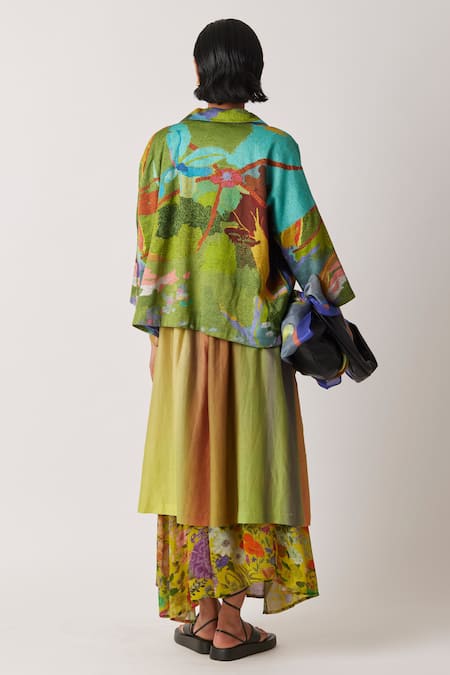 Shop Yavi Green Silk Embroidery Collared Barten One Thread Jacket at Aza Fashions Shop_Yavi_Green Silk Embroidery Collared Barten One Thread Jacket _at_Aza_Fashions