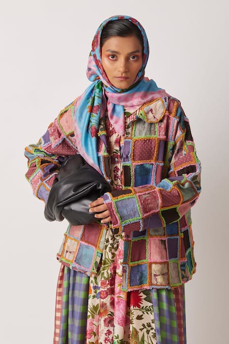 Yavi Pink Cotton Embroidery Collared Bitsy Recycled Fabric Checkered Pattern Jacket 