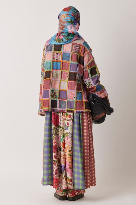 Shop Yavi Pink Cotton Embroidery Collared Bitsy Recycled Fabric Checkered Pattern Jacket at Aza Fashions Shop_Yavi_Pink Cotton Embroidery Collared Bitsy Recycled Fabric Checkered Pattern Jacket _at_Aza_Fashions