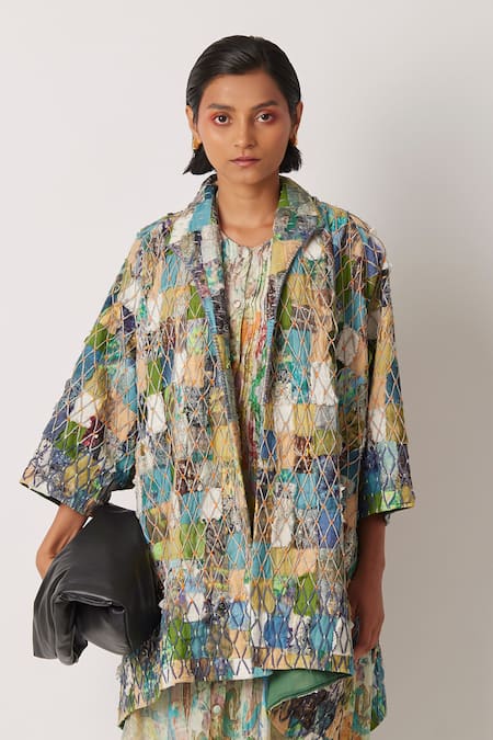 Yavi Green Cotton Embroidery Collared Aecho Patchwork Jacket 