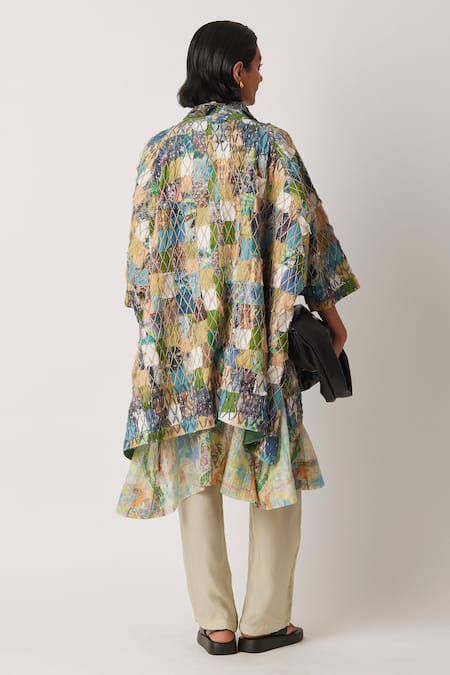 Shop Yavi Green Cotton Embroidery Collared Aecho Patchwork Jacket at Aza Fashions Shop_Yavi_Green Cotton Embroidery Collared Aecho Patchwork Jacket _at_Aza_Fashions