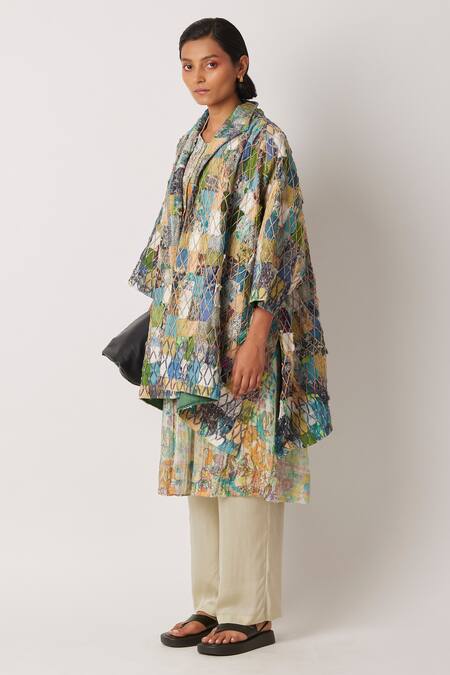 Buy Yavi Green Cotton Embroidery Collared Aecho Patchwork Jacket Online at Aza Fashions Buy_Yavi_Green Cotton Embroidery Collared Aecho Patchwork Jacket _Online_at_Aza_Fashions