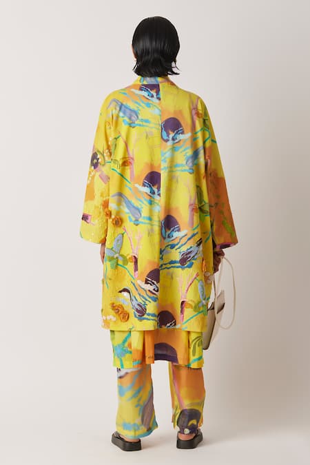 Shop Yavi Yellow Cotton, Voile Sequins Open Neck Barbi Kimono Embellished Jacket at Aza Fashions Shop_Yavi_Yellow Cotton, Voile Sequins Open Neck Barbi Kimono Embellished Jacket _at_Aza_Fashions