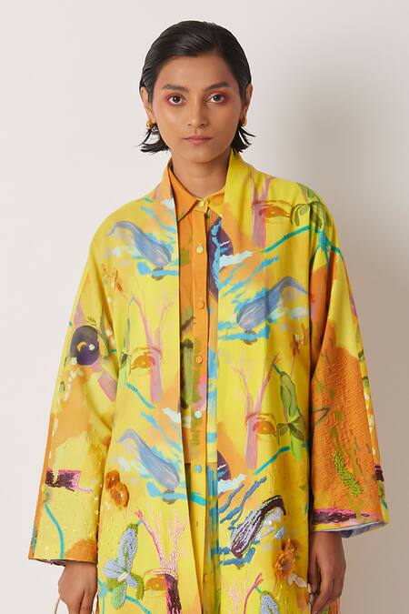 Yavi Yellow Cotton, Voile Sequins Open Neck Barbi Kimono Embellished Jacket Online at Aza Fashions Yavi_Yellow Cotton, Voile Sequins Open Neck Barbi Kimono Embellished Jacket _Online_at_Aza_Fashions