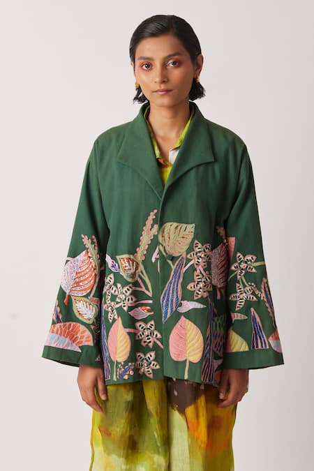 Yavi Green Canvas Embroidery, Beads Collared Cyoti Botanical Patchwork Jacket 