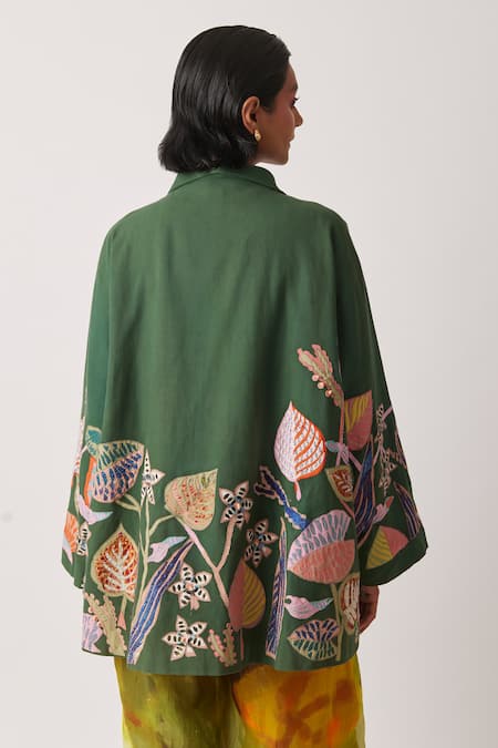 Shop Yavi Green Canvas Embroidery, Beads Collared Cyoti Botanical Patchwork Jacket at Aza Fashions Shop_Yavi_Green Canvas Embroidery, Beads Collared Cyoti Botanical Patchwork Jacket _at_Aza_Fashions
