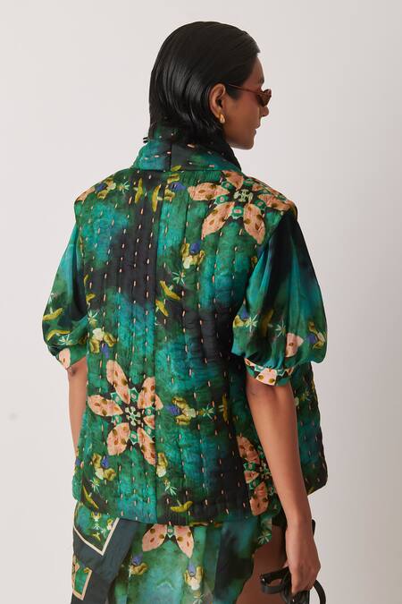 Yavi Green Silk Open Neck Kotty Hand Quilted Jacket at Aza Fashions Yavi_Green Silk Open Neck Kotty Hand Quilted Jacket _at_Aza_Fashions