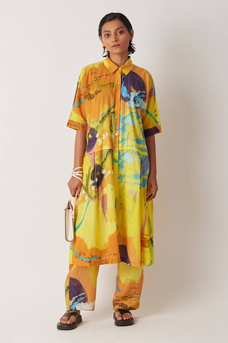 Yavi_Yellow Cotton Barbi Abstract Pattern Straight Pant _Online_at_Aza_Fashions