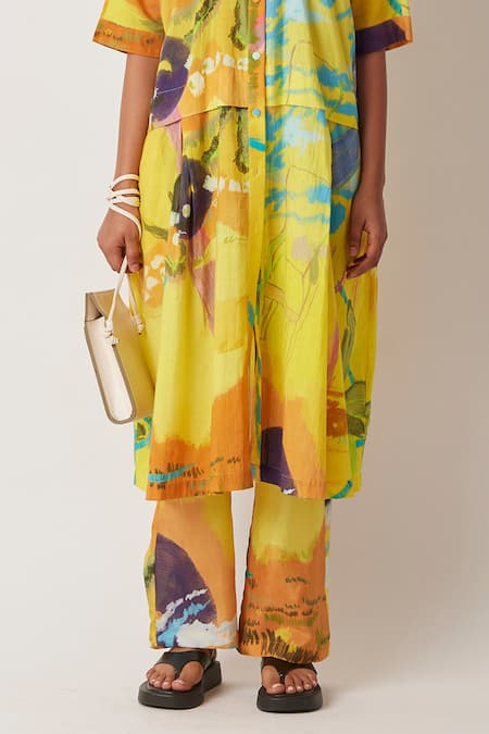 Buy_Yavi_Yellow Cotton Barbi Abstract Pattern Straight Pant _Online_at_Aza_Fashions