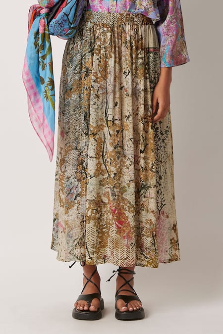 Yavi Brown Modal Ceclia Printed Midi Skirt Online at Aza Fashions Yavi_Brown Modal Ceclia Printed Midi Skirt _Online_at_Aza_Fashions