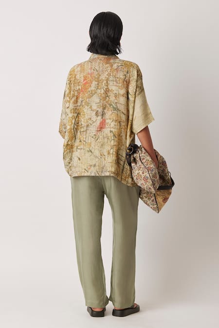 Shop Yavi Beige Chanderi Collared Ceclia Printed Shirt at Aza Fashions Shop_Yavi_Beige Chanderi Collared Ceclia Printed Shirt _at_Aza_Fashions