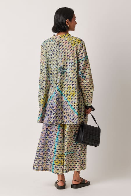 Shop_Yavi_Yellow Cotton Mandarin Collar Icra Printed A Line Top _at_Aza_Fashions