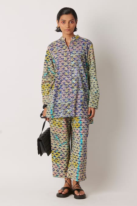 Yavi_Yellow Cotton Mandarin Collar Icra Printed A Line Top _Online_at_Aza_Fashions