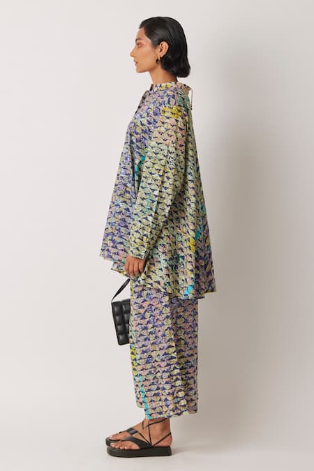 Buy_Yavi_Yellow Cotton Mandarin Collar Icra Printed A Line Top _Online_at_Aza_Fashions
