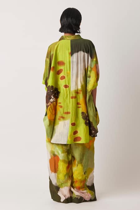 Shop Yavi Green Cotton, Silk Collared Orgey Printed Asymmetric Shirt at Aza Fashions Shop_Yavi_Green Cotton, Silk Collared Orgey Printed Asymmetric Shirt _at_Aza_Fashions