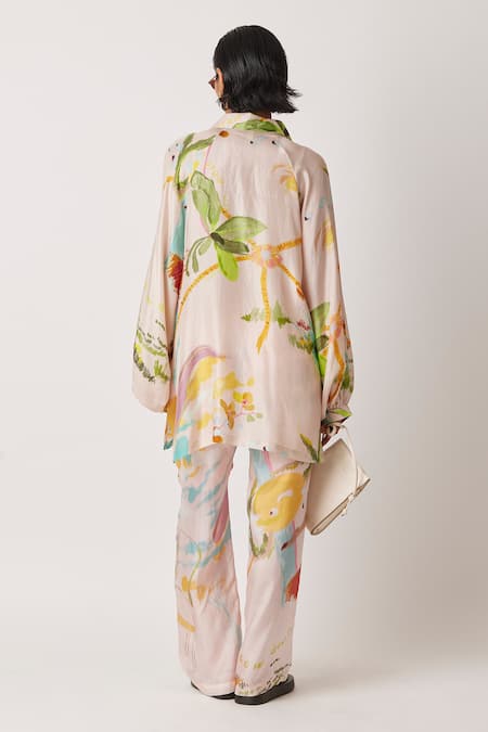 Shop Yavi Cream Silk Collared Iwoa Asymmetric Hem Printed Shirt at Aza Fashions Shop_Yavi_Cream Silk Collared Iwoa Asymmetric Hem Printed Shirt _at_Aza_Fashions