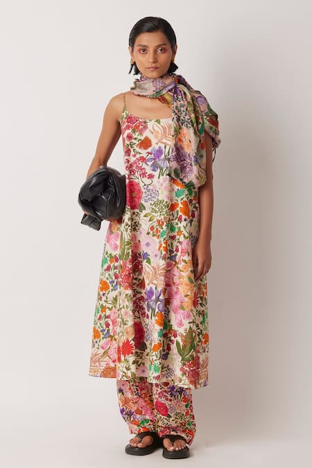 Yavi Imfy Kashmiri Flora Print Midi Slip Dress 