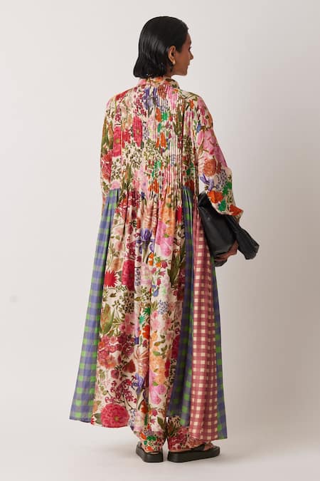 Shop Yavi Pink Silk Collared Imfy Botanic Flora Print Maxi Dress at Aza Fashions Shop_Yavi_Pink Silk Collared Imfy Botanic Flora Print Maxi Dress _at_Aza_Fashions