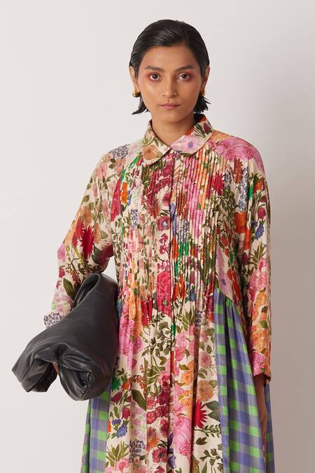 Yavi Pink Silk Collared Imfy Botanic Flora Print Maxi Dress Online at Aza Fashions Yavi_Pink Silk Collared Imfy Botanic Flora Print Maxi Dress _Online_at_Aza_Fashions