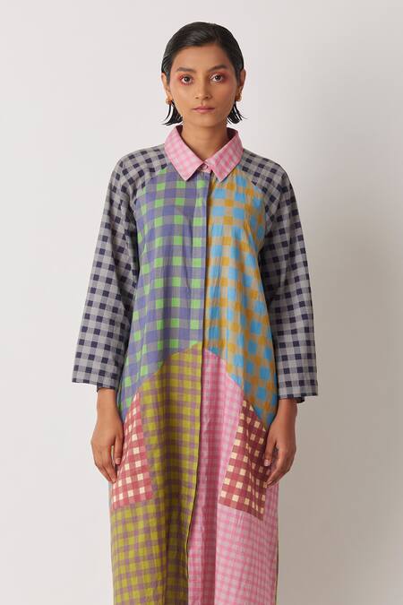 Yavi Multi Color Cotton Collared Alit Glen Checkered Print Shirt Dress Online at Aza Fashions Yavi_Multi Color Cotton Collared Alit Glen Checkered Print Shirt Dress _Online_at_Aza_Fashions