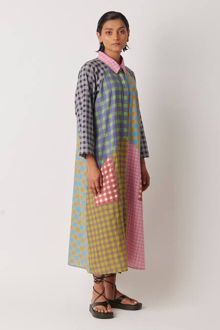 Buy Yavi Multi Color Cotton Collared Alit Glen Checkered Print Shirt Dress Online at Aza Fashions Buy_Yavi_Multi Color Cotton Collared Alit Glen Checkered Print Shirt Dress _Online_at_Aza_Fashions