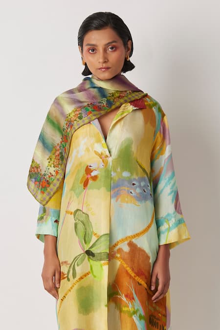 Yavi_Beige Silk Collared Labile Life Circle Print Midi Dress _Online_at_Aza_Fashions