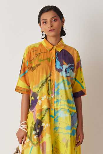 Yavi_Yellow Cotton Collared Barbi Art Story Print Shirt Dress _Online_at_Aza_Fashions