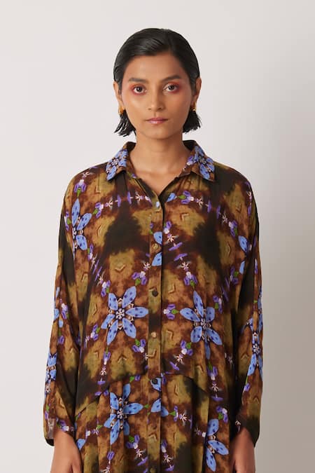 Yavi_Brown Silk Collared Aardo Iris Print Shirt Dress _Online_at_Aza_Fashions