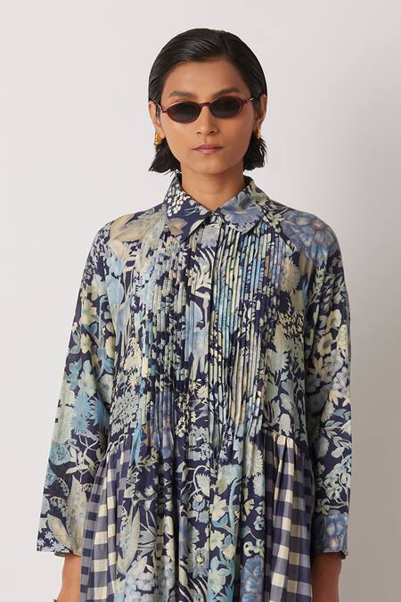 Yavi_Blue Cotton, Silk Collared Irca Midnight Bloom Print Shirt Dress _Online_at_Aza_Fashions