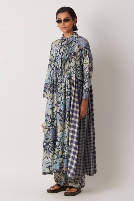 Buy_Yavi_Blue Cotton, Silk Collared Irca Midnight Bloom Print Shirt Dress _Online_at_Aza_Fashions
