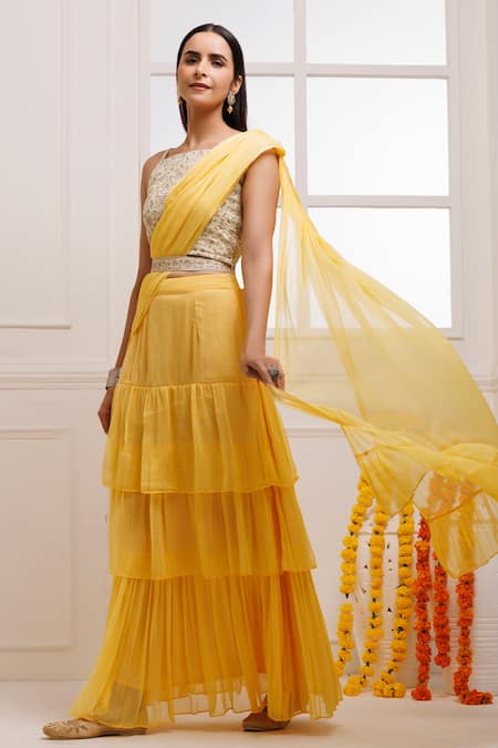 Geroo Jaipur Yellow Chiffon Embroidered Thread Ruffle Pre-draped Solid Saree With Blouse