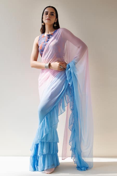 Geroo Jaipur Pink Chiffon Ombre Ruffle Pre-draped Saree With Unstitched Blouse Fabric