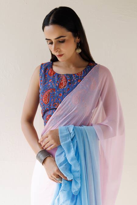 Geroo Jaipur_Pink Chiffon Ruffle Pre-draped Ombre Saree With Unstitched Blouse Fabric_at_Aza_Fashions